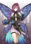  1girl absurdres bare_shoulders black_dress blue_eyes breasts butterfly_wings center_opening cleavage commission covered_navel detached_sleeves dress facial_mark fairy_wings fire_emblem fire_emblem_heroes flower gradient gradient_background gradient_clothes green_tapir hair_flower hair_ornament hair_over_one_eye hair_vines highres long_sleeves medium_breasts medium_hair pixiv_request plant purple_hair rose short_dress signature simple_background solo thorns triandra_(fire_emblem) vines wings 