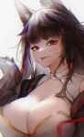  1girl :p absurdres akagi_(azur_lane) animal_ear_fluff animal_ears azur_lane bangs black_hair blurry breasts cleavage closed_mouth depth_of_field e_baishui eyelashes fox_ears fox_girl hair_tubes highres large_breasts long_hair looking_at_viewer off_shoulder purple_hair red_eyes ribbon_trim saliva sidelocks simple_background slit_pupils smile solo striped tongue tongue_out upper_body white_background 