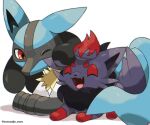  :d commentary_request cuddling fang furry highres looking_at_another lucario one_eye_closed open_mouth pokemon pokemon_(creature) red_eyes rorosuke smile stretch tongue white_background zorua 