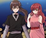  1boy 1girl bangs black_shirt blush brown_hair closed_mouth commentary detached_sleeves dress eyebrows_visible_through_hair eyepatch hair_between_eyes highres hwa_ryun jyu_viole_grace kasuga_kaya long_hair one_eye_covered pink_dress ponytail red_eyes red_hair shirt single_detached_sleeve symbol-only_commentary tower_of_god twenty-fifth_bam upper_body very_long_hair yellow_eyes 