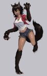  1girl absurdres animal_ears breasts brown_hair claws cleavage fangs grubgrub highres jacket looking_at_viewer navel original red_jacket rudy_(rariatto) shirt short_shorts shorts slit_pupils smile tail tongue tongue_out werewolf white_shirt wolf_ears wolf_paws wolf_tail yellow_eyes 