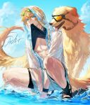  1boy animal animal_ears arknights arsh_(thestarwish) bare_pectorals between_legs black_shirt black_shorts blonde_hair blue_eyes clothes_lift dog dog_boy dog_ears dog_tail full_body goggles goggles_on_head golden_retriever grey_shorts hand_between_legs highres hood hood_up hooded_jacket jacket lifted_by_self looking_at_viewer male_focus open_clothes open_jacket pectorals sandals see-through shirt shirt_lift short_hair short_sleeves shorts signature sky solo squatting tail tequila_(arknights) toned toned_male water wet wet_clothes wristband 
