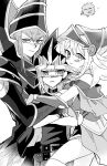  1girl belt choker closed_eyes dark_magician dark_magician_girl hat highres hug kuriboh monochrome multiple_boys mutou_yuugi nikuman_sara simple_background smile white_background yu-gi-oh! yu-gi-oh!_duel_monsters 