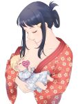  1boy 1girl akari_(pokemon) baby bangs barefoot black_hair blonde_hair breastfeeding breasts carrying closed_eyes closed_mouth commentary_request eyelashes floral_print hair_ornament hairclip hana_e_(ka_e0128) highres japanese_clothes kimono long_hair mother_and_son older orange_kimono pokemon pokemon_(game) pokemon_legends:_arceus shiny shiny_hair shiny_skin short_hair sidelocks simple_background smile toes white_background 