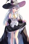  1girl absurdres bangs bare_shoulders black_headwear black_robe black_skirt blush bow bowtie braid breasts collared_shirt commentary_request elaina_(majo_no_tabitabi) eyebrows_visible_through_hair feet_out_of_frame frilled_skirt frills grey_hair hair_between_eyes hair_bow hat highres long_hair long_sleeves looking_at_viewer majo_no_tabitabi medium_breasts open_mouth pi_tayuko pink_bow shirt simple_background single_braid skirt skirt_hold sky sleeveless sleeveless_shirt solo standing tree wet wet_clothes wet_shirt white_shirt witch_hat yellow_bow yellow_bowtie 