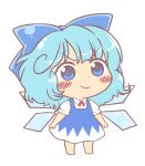  1girl barefoot blue_dress blue_eyes blue_hair blush bow cirno collared_shirt dress fairy_wings gyate_gyate hair_bow ice ice_wings long_dress neck_ribbon pinafore_dress puffy_short_sleeves puffy_sleeves red_ribbon ribbon shimaya_naokazu shirt short_hair short_sleeves smile solo touhou white_shirt wings 