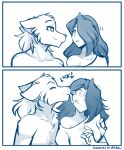  anthro blue_and_white canid canine canis clothing conditional_dnp duo female hi_res human keidran licking male mammal maren_taverndatter monochrome shirt sythe_(twokinds) tom_fischbach tongue tongue_out topwear twokinds webcomic wolf 