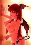  1girl arm_up backlighting bangs bat_wings between_breasts blurry blurry_background breasts demon_tail expressionless head_wings highres koakuma konpasu large_breasts lips long_hair looking_at_viewer nail_polish necktie necktie_between_breasts nipples pink_eyes pubic_hair purple_nails red_hair red_nails solo tail touhou wings wrist_cuffs 