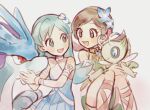  2girls :d bangs bare_shoulders blue_dress blush brown_eyes brown_hair celebi commentary detached_sleeves dress eye_contact eyelashes green_dress green_eyes green_hair hair_ornament huan_li kris_(pokemon) long_hair looking_at_another lyra_(pokemon) multiple_girls official_alternate_costume open_mouth pokemon pokemon_(creature) pokemon_(game) pokemon_masters_ex simple_background smile suicune tongue white_background 