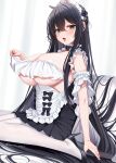  1girl azur_lane bangs black_dress black_footwear black_hair blush breasts commentary_request crossed_bangs dress from_side green_eyes high_heels indomitable_(azur_lane) large_breasts long_hair looking_at_viewer looking_to_the_side maid_headdress marota open_mouth pantyhose solo underboob white_headwear white_legwear 