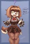  accessory anthro blasticussaturn bottomwear bow_tie brown_body brown_fur canid canine clothing female fur hair headband hi_res krea looking_at_viewer mammal open_mouth pawpads question_mark short_hair signature simple_background skirt solo text yellow_eyes 