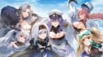  6+girls arkhangelsk_(azur_lane) artist_request azur_lane bare_shoulders belt black_jacket blonde_hair blue_background blue_eyes bodystocking bon_homme_richard_(azur_lane) breasts brown_hair cleavage closed_eyes coat cone_hair_bun epaulettes flower fur-trimmed_jacket fur_trim goggles goggles_on_head grey_hair hair_flower hair_ornament hairband hat jacket kiev_(azur_lane) kronshtadt_(azur_lane) large_breasts long_hair looking_at_viewer multiple_girls official_art open_mouth papakha peaked_cap purple_hair red_eyes sky smile soobrazitelny_(azur_lane) twintails v volga_(azur_lane) white_coat white_hair white_headwear yellow_eyes 