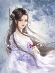  1girl branch brown_hair bug butterfly dress flower hair_ornament highres holding holding_branch long_hair lu_xueqi_(zhu_xian) multicolored_background shi_hao_zhuye solo sword sword_behind_back transparent_ribbon upper_body weapon white_dress zhu_xian 