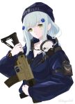  1girl 416_day agent_416_(girls&#039;_frontline) assault_rifle bangs blue_headwear blue_jacket closed_mouth commentary cropped_torso eyebrows_visible_through_hair girls&#039;_frontline green_eyes gun h&amp;k_hk416 hair_ornament hairclip hat headphones headphones_around_neck highres hk416_(girls&#039;_frontline) holding holding_gun holding_weapon ingerdoll jacket light_blue_hair long_hair long_sleeves looking_at_viewer official_alternate_costume police_hat rifle solo teardrop_facial_mark teardrop_tattoo tom_clancy&#039;s_the_division twitter_username upper_body weapon white_background 