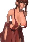  1girl areola_slip bangs bare_arms braid breasts brown_eyes brown_hair chainsaw_man collarbone covered_nipples dress eyebrows_visible_through_hair hands_on_hips highres large_breasts leaning_forward looking_at_viewer loose_clothes makima_(chainsaw_man) mamimi_(mamamimi) nipples no_bra red_dress serious side_slit sidelocks simple_background sleeveless solo spaghetti_strap white_background 