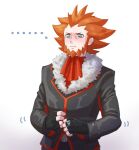  ... 1boy artist_name ascot beard black_gloves blue_eyes blush closed_mouth commentary_request facial_hair fingerless_gloves frown fur-trimmed_jacket fur_trim gloves im_i_masa jacket jewelry lysandre_(pokemon) male_focus orange_hair pokemon pokemon_(game) pokemon_xy ring solo team_flare upper_body white_background 