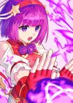  1girl asamiya_athena bare_shoulders eyebrows_visible_through_hair fingerless_gloves gloves hair_ornament hairband highres open_mouth pink_background purple_eyes purple_hair red_gloves red_hairband short_hair simple_background solo star_(symbol) star_hair_ornament the_king_of_fighters the_king_of_fighters_xv upper_body v-shaped_eyebrows yagi2013 