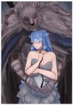  2022 absurd_res animal_humanoid anthro arm_wraps armor armwear bao_(vtuber) belly_grab black_armwear black_clothing black_nose blaidd_(elden_ring) blue_cape blue_clothing blue_dress blue_hair blue_inner_ear blush border canid canine canis cetacean cetacean_humanoid clothing collar dress duo elden_ring eyes_closed female fromsoftware fur gauntlets gloves grey_armwear grey_body grey_clothing grey_collar grey_fur grey_gloves grey_handwear hair handwear hi_res humanoid humanoid_on_anthro interspecies jo3art larger_anthro larger_male leash male male/female mammal marine marine_humanoid meme pregnant pregnant_female scabbard size_difference smaller_female smaller_humanoid smile standing tan_body tan_skin video_games vtuber white_border wolf wraps 