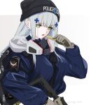  1girl agent_416_(girls&#039;_frontline) assault_rifle backpack bag bangs black_headwear blue_jacket breasts commentary eyebrows_visible_through_hair food girls&#039;_frontline gloves green_eyes grey_gloves gun h&amp;k_hk416 hair_ornament hairclip hat headphones headphones_around_neck hk416_(girls&#039;_frontline) holding holding_food holding_gun holding_weapon ingerdoll jacket light_blue_hair long_hair long_sleeves looking_at_viewer mask mask_around_neck medium_breasts official_alternate_costume open_mouth police_hat respirator rifle solo tom_clancy&#039;s_the_division twitter_username upper_body weapon white_background 