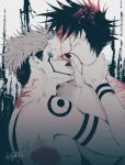  2boys arm_tattoo back_tattoo black_hair black_nails bleeding blood blood_in_hair blood_on_face closed_eyes collarbone commentary english_commentary facial_tattoo fingernails fingers forehead_tattoo fushiguro_megumi hand_on_another&#039;s_neck highres jujutsu_kaisen licking licking_neck multiple_boys nail_polish open_mouth ryoumen_sukuna_(jujutsu_kaisen) saucybrtt sharp_fingernails short_hair shoulder_tattoo spiked_hair tattoo teeth tongue tongue_out topless_male undercut yaoi 