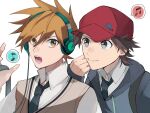  2boys alternate_costume black_necktie blue_oak brown_eyes brown_hair closed_mouth hand_up hat headphones hood hoodie listening_to_music male_focus multiple_boys musical_note necktie norisukep open_mouth pokemon pokemon_(game) pokemon_frlg red_(pokemon) red_headwear shirt short_hair smile spiked_hair spoken_musical_note symbol-only_commentary teeth tongue upper_body vest white_background white_shirt 