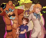  1girl 3boys animal_ears animal_robot bandaid bandaid_on_cheek bandaid_on_face bear_ears blonde_hair blue_shirt bracelet brown_hair dabi_bill false_smile five_nights_at_freddy&#039;s five_nights_at_freddy&#039;s:_security_breach freddy_fazbear glamrock_freddy glaring green_eyes gregory_(fnaf) hat highres jewelry medium_hair mini_hat mini_top_hat multiple_boys ponytail robot shirt short_hair spiked_bracelet spikes top_hat vanessa_(fnaf) vanny_(fnaf) watch william_afton wristwatch 