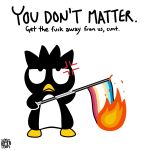  1:1 angry anthro avian badtz-maru beak bird black_body black_fur burning cross-popping_vein english_text fire flag_(object) fur half-closed_eyes hi_res holding_object male membrane_(anatomy) meme narrowed_eyes pedophilia_pride_colors penguin profanity reaction_image sanrio simple_background solo text unknown_artist webbed_feet white_background white_body white_fur yellow_beak 