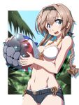  1girl 547th_sy abyssal_ship ball bikini black_shorts braid breasts cleavage commentary_request cowboy_shot enemy_naval_mine_(kancolle) grey_eyes hair_ornament highres holding kantai_collection light_brown_hair long_hair looking_at_viewer medium_breasts official_alternate_costume propeller_hair_ornament short_shorts shorts solo swimsuit teeth teruzuki_(kancolle) twin_braids white_bikini 