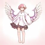 1girl animal_ears barefoot bird_ears bird_wings blush buttons closed_mouth eyebrows_visible_through_hair fingernails frilled_sleeves frills full_body long_fingernails long_sleeves mystia_lorelei pink_eyes rangycrow sharp_fingernails shirt short_hair solo touhou white_shirt white_wings wide_sleeves wings 