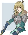  1girl armor bangs belt blonde_hair blunt_bangs blunt_ends border breastplate commentary eyebrows_visible_through_hair fire_emblem fire_emblem:_three_houses fire_emblem_warriors fire_emblem_warriors:_three_hopes gloves green_eyes grey_background highres holding ingrid_brandl_galatea looking_at_viewer official_alternate_hairstyle open_mouth radiostarkiller simple_background solo teeth two-tone_background white_border 