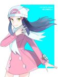  1girl beanie black_hair blue_background border buttons closed_mouth coat commentary_request dawn_(pokemon) eyelashes floating_hair hair_ornament hairclip hand_up hat highres jewelry long_hair long_sleeves norisukep pink_coat poke_ball_print pokemon pokemon_adventures poketch ring scarf smile solo watch white_border white_headwear white_scarf wristwatch yellow_eyes 