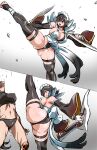  2girls absurdres battle black_hair blade breasts butterfly_swords fighting fighting_stance flipped_hair high_kick highres huge_breasts iroha_(samurai_spirits) kicking leg_up maid maid_headdress maid_leotard mamesi_(suhk8583) multiple_girls panties pantyshot samurai_spirits snk split standing standing_on_one_leg standing_split thick_thighs thighhighs thighs toeless_legwear underwear upskirt 