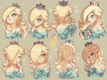  1girl aqua_dress blonde_hair blue_eyes blush brooch crown crying dress earrings expressions hair_over_one_eye hand_on_own_chin happy jewelry mario_(series) nonana_(galaxycat89p13) off-shoulder_dress off_shoulder playing_with_own_hair pout rosalina smile star_(symbol) star_brooch star_earrings super_mario_galaxy surprised thinking wand 