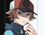  1boy blue_jacket brown_eyes brown_hair closed_mouth commentary_request hat hilbert_(pokemon) holding holding_poke_ball jacket looking_at_viewer male_focus norisukep poke_ball poke_ball_(basic) poke_ball_print pokemon pokemon_(game) pokemon_bw red_headwear short_hair solo upper_body 