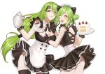  2girls alternate_costume animal_ears back bangs blush breasts cake cleavage commission cup english_commentary eyebrows_visible_through_hair fake_animal_ears feet_out_of_frame food girls&#039;_frontline green_hair hair_ornament hairclip hand_on_hip highres holding holding_cake holding_cup holding_food holding_saucer long_hair looking_at_viewer looking_away magal_(girls&#039;_frontline) maid medium_breasts medium_hair mk48_(girls&#039;_frontline) mug multiple_girls one_eye_closed open_mouth parted_lips pixiv_request plate red_eyes saucer sideboob silayloe standing white_background yellow_eyes 