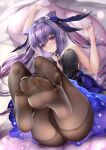  1girl animal_ears arm_up ass bangs bare_arms bare_shoulders beads blush brown_legwear cameltoe dress eyebrows_visible_through_hair feet full_body genshin_impact hair_beads hair_ornament hair_ribbon highres kamue keqing_(genshin_impact) legs_up long_hair looking_at_viewer lying no_shoes on_back panties panties_under_pantyhose pantyhose pillow pillow_grab purple_eyes purple_hair ribbon see-through see-through_legwear sidelocks soles solo toes twintails underwear 