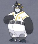  2022 anthro band-aid bandage baseball_(sport) baseball_cap baseball_uniform belly big_belly black_body blush bottomwear brand_new_animal clothing hat headgear headwear hi_res male mammal overweight overweight_male pants runxforest solo sport sportswear studio_trigger uniform ursid 