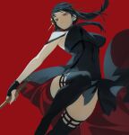  1girl absurdres bare_shoulders black_dress black_gloves black_hair blood boots breasts dare_no_inarikami dress fingerless_gloves flower gloves hair_flower hair_ornament hairband highres large_breasts long_hair red_eyes sidelocks solo spy_x_family thigh_boots weapon yor_briar 