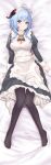  1girl absurdres ahoge apron arms_at_sides bangs bed_sheet bell black_dress black_legwear blue_hair breasts cleavage cowbell curled_horns dakimakura_(medium) dress frilled_apron frilled_dress frills full_body ganyu_(genshin_impact) genshin_impact gibun_(sozoshu) goat_horns grey_dress highres horns juliet_sleeves knees_together_feet_apart long_hair long_sleeves looking_at_viewer lying maid maid_apron maid_headdress neck_bell no_shoes on_back on_bed pantyhose puffy_sleeves purple_eyes solo white_apron 