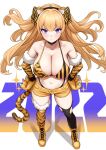  1girl 2022 animal_ears animal_hands animal_print bangs bikini black_choker blonde_hair blue_eyes boots breasts chinese_zodiac choker cleavage collarbone eyebrows_visible_through_hair fake_animal_ears full_body gloves hands_on_hips highres large_breasts lina_(michihasu) long_hair michihasu mismatched_bikini multicolored_eyes navel original paw_gloves print_bikini purple_eyes shorts simple_background solo standing striped striped_bikini swimsuit tiger_ears tiger_print two_side_up vertical-striped_bikini vertical_stripes white_background year_of_the_tiger yellow_footwear yellow_shorts 