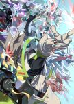  1boy artist_name blue_eyes borreload_dragon borreload_excharge_dragon borreload_furious_dragon borreload_riot_dragon borreload_savage_dragon borrelsword_dragon commentary dragon duel_monster e_volution earrings gloves green_eyes grey_hair gun headgear horns jewelry kogami_ryoken looking_back male_focus multicolored_hair open_mouth pointing red_hair revolver_(yu-gi-oh!) rokket_tracer spiked_hair upper_body weapon white_gloves yu-gi-oh! yu-gi-oh!_vrains 