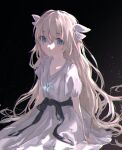  1girl backlighting black_background blue_eyes dress ender_lilies_quietus_of_the_knights eyebrows_visible_through_hair hair_ribbon highres jewelry light light_particles lily_(ender_lilies) long_hair necklace peco_(ppeco0) ribbon sitting sketch solo very_long_hair white_dress white_hair white_ribbon 