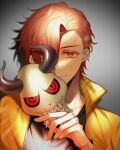  1boy absurdres arisakaaa_(crazy_raccoon) bangs black_shirt chanms collarbone crazy_raccoon grey_background hair_behind_ear hair_over_one_eye highres holding holding_mask jacket male_focus mask mask_removed one_eye_covered oni_mask orange_eyes orange_hair shirt smile solo yellow_jacket 
