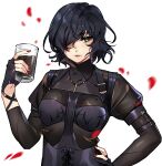  1girl bangs black_bodysuit black_gloves black_hair black_survival bodysuit closed_mouth cola cup fingerless_gloves gloves green_eyes hair_over_one_eye hand_on_hip highres holding holding_cup lips lipstick long_sleeves looking_at_viewer makeup medium_hair meuwzza_(me_zwa) nail_polish petals red_nails rozzi_(black_survival) simple_background solo white_background 