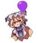  1girl :o arm_up balloon blonde_hair chibi dress eyebrows_visible_through_hair fox_tail gokuu_(acoloredpencil) hat light_blush long_sleeves looking_at_viewer multiple_tails open_mouth pillow_hat short_hair solo tabard tail touhou white_background white_dress wide_sleeves yakumo_ran yellow_eyes 