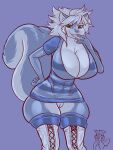  anthro big_breasts breasts cheese_quesadilla clothing cosplay digital_media_(artwork) female general-irrelevant genitals green_eyes hair hi_res legwear mammal pattern_clothing pussy rodent sciurid simple_background smile solo striped_clothing stripes thigh_highs 