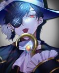  1boy absurdres ascot black_jacket blue_headwear chanms crazy_raccoon earrings eyepatch grey_background hair_behind_ear hat highres hook_hand jacket jewelry male_focus mondo_(crazy_raccoon) one_eye_covered pirate_hat portrait red_eyes single_earring solo tongue tongue_out white_ascot 
