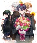  1girl 3boys absurdres bandaged_hand bandages black_hair black_jacket blue_eyes blue_hair bouquet chanms flower fushimi_gaku green_eyes grey_hair grey_skirt hair_behind_ear highres holding holding_bouquet jacket kenmochi_touya kuzuha_(nijisanji) long_hair male_focus mode_aim multiple_boys nijisanji orange_flower peanuts-kun plaid plaid_skirt pointy_ears red_flower school_uniform skirt smile sunflower thighhighs tsukino_mito virtual_youtuber white_legwear yellow_flower 