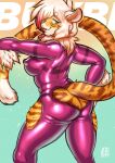  2018 absurd_res anthro big_breasts bodysuit breasts buxbi_(character) clothing elbow_tufts felid feline female fur hair heart_cutout hi_res jooshy long_tail looking_at_viewer looking_back mammal neck_tuft nipple_outline orange_body orange_fur pantherine pink_latex pink_rubber_suit rubber rubber_clothing rubber_suit simple_background skinsuit solo standing striped_body striped_fur stripes thick_thighs tiger tight_clothing tongue tongue_out tuft white_hair yellow_eyes 
