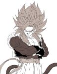  1boy biceps body_fur come_at_me_bro dragon_ball dragon_ball_gt gogeta highres homelanderrr male_focus metamoran_vest monkey_boy monkey_tail monochrome muscular muscular_male obi sash smirk solo spiked_hair super_saiyan super_saiyan_4 tail 